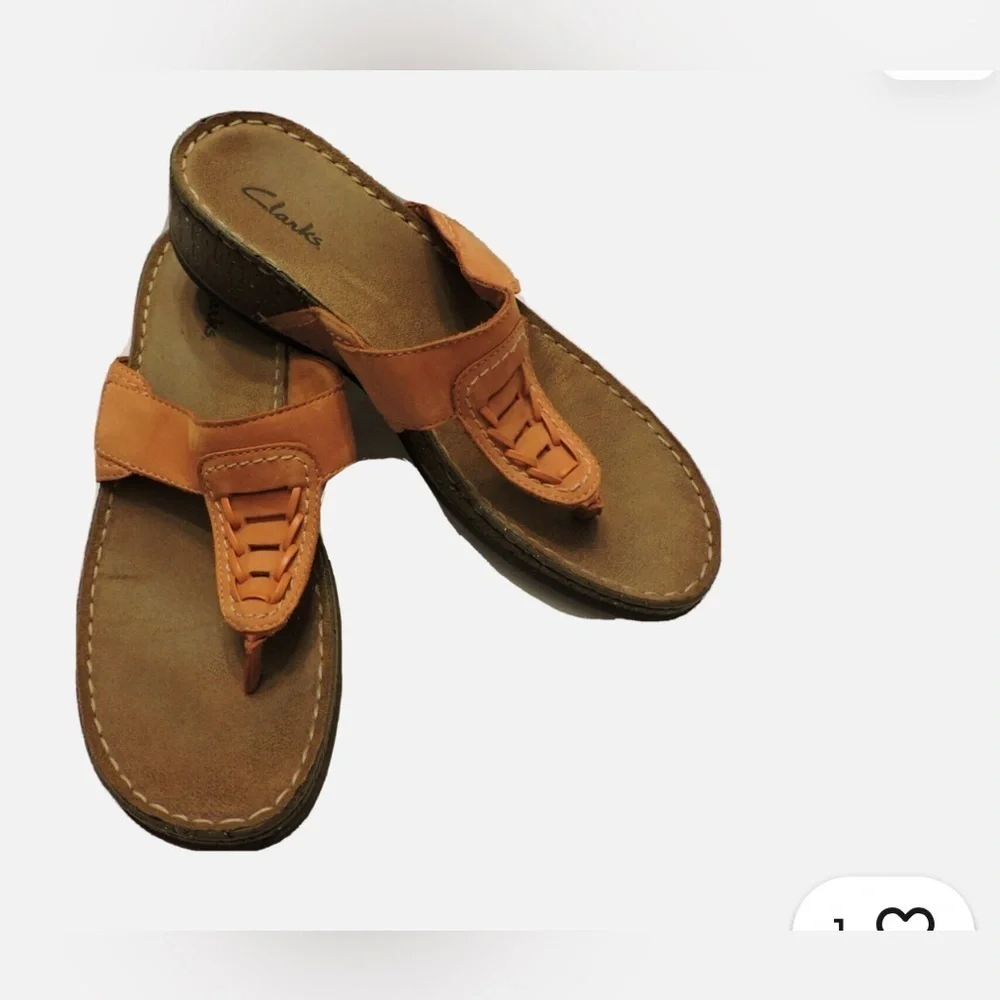 Clarks Solid Sandals Orange Thong Wedges Flip Flops Leather Slip On Shoes 9M
